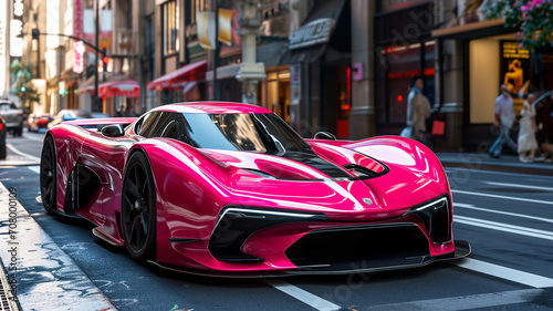 A bright pink supercar with bold styling attracting attention on a vibrant city street