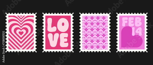 Set of Y2K Lovely Postage Stamps. Trendy Love Stickers. Happy Valentine`s Day. 14 February. Cool Patches Collection.