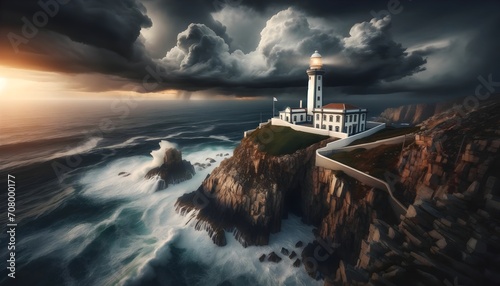 A photo-realistic image of a classic white lighthouse on a rugged cliff, overlooking a turbulent ocean, stormy sky. 