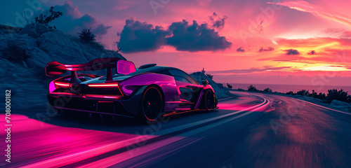 A bright pink supercar with neon underglow cruising down a coastal road at sunset