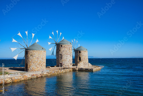 Greece island; Chios island historical  ancient windmills. Travel concept photo