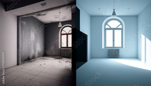 Apartment renovation, empty room before and after refurbishment or restoration minimalist background, Ai generated image.