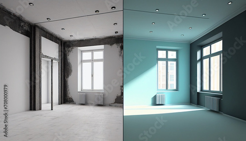 Apartment renovation, empty room before and after refurbishment or restoration minimalist background, Ai generated image. photo