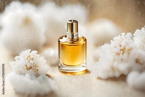 classy and delicate perfume presentation    white sparkles and golden details