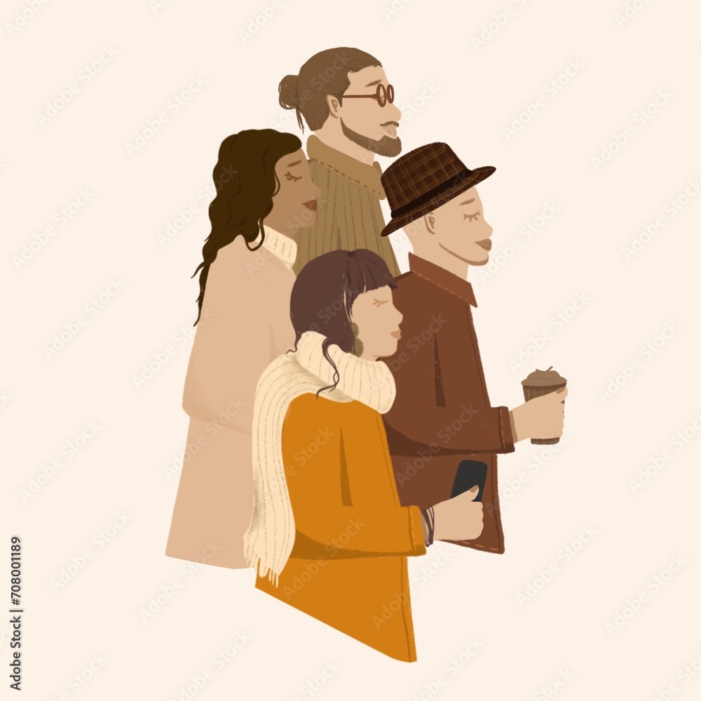 Illustration group of 4 peoples in the street Illustration group of 4 peoples in the street