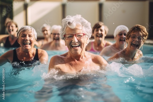 Group of older ladies doing gymnastics in the pool. Close-up. Concept health, lifestyle © Eomer2010