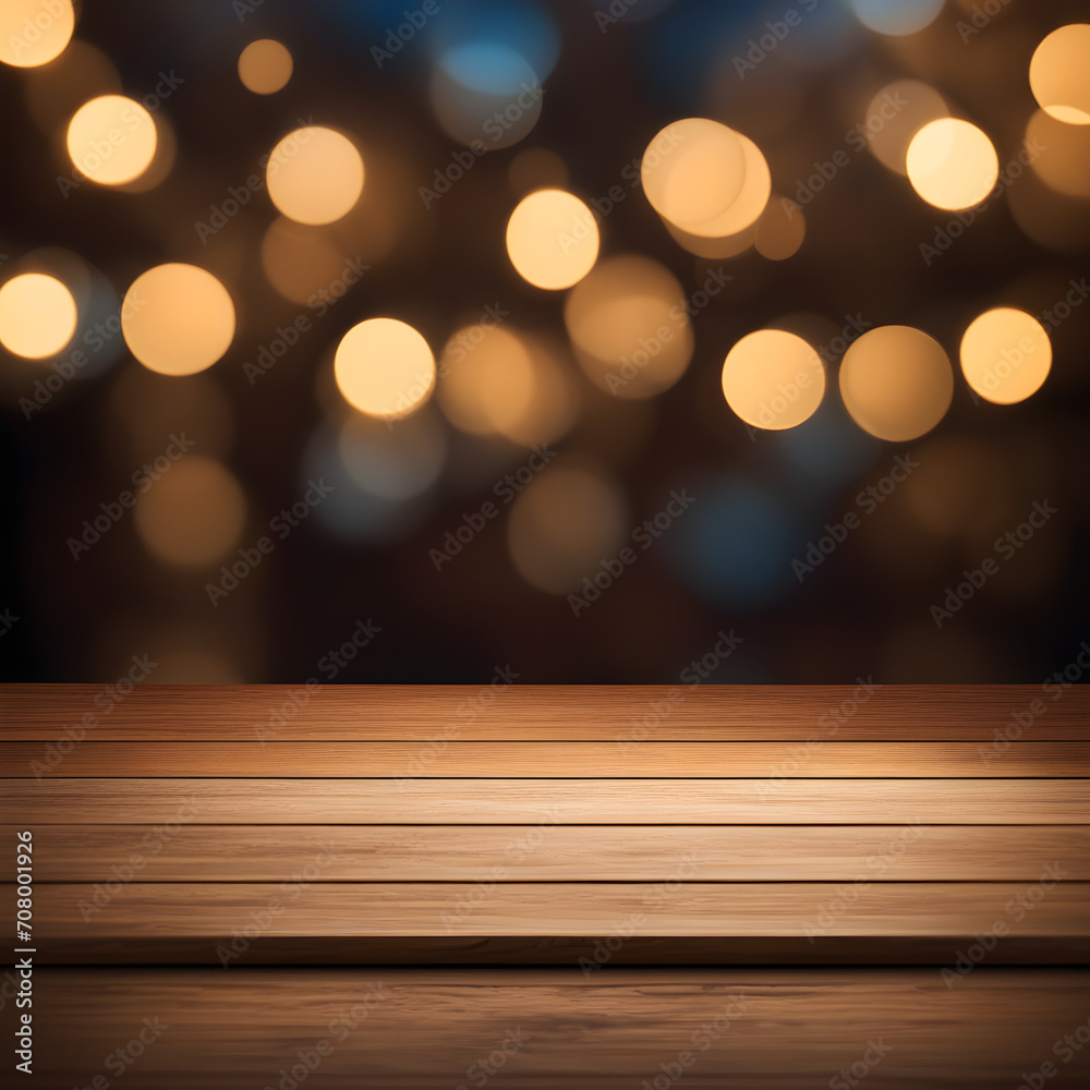 wooden table and bokeh lights background for product display