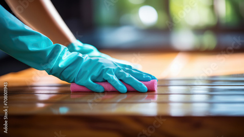 Person's arm in a rubber glove cleaning a bright, reflective surface with a spray bottle