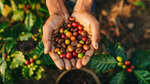 A pair of hands are holding a variety of ripe and unripe coffee cherries freshly picked, with coffee plants in the background. photo