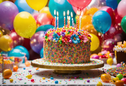 Birthday Cake with Flower decorations and Balloons - AI generated