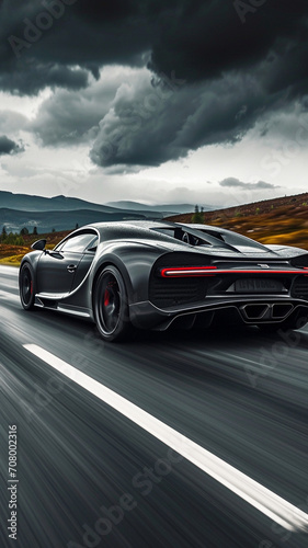 A charcoal grey supercar with dynamic lines on an open highway under stormy skies