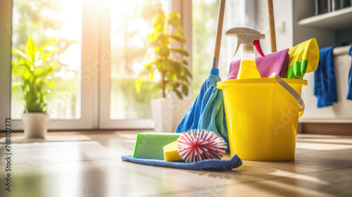 Cleaning supplies, including a yellow bucket, mop, various cleaning liquids photo
