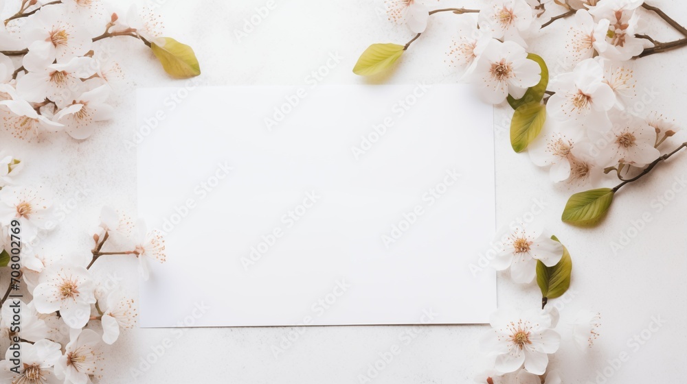 Background with flowers and an empty white sheet of paper, background for International Women's Day on March 8, copy space