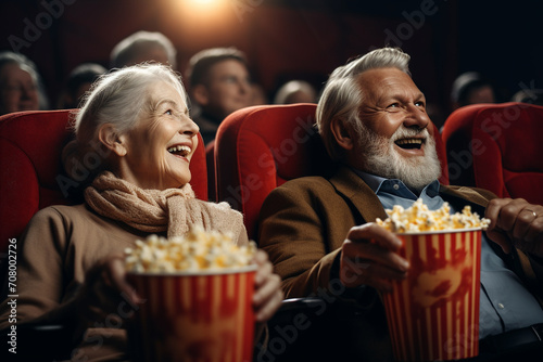 Senior woman and man watching cinema with popcorn 