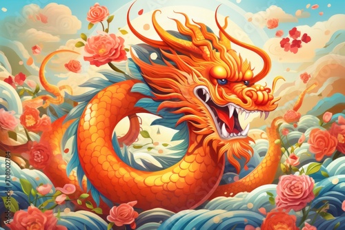 a colorful close-up macro drawing illustration of an angry red monster dragon with sharp teeth and scary eye representing the chinese lunar new year