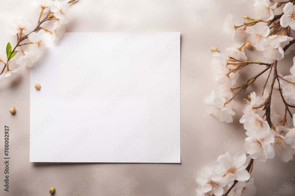 Background with flowers and an empty white sheet of paper, background for International Women's Day on March 8, copy space