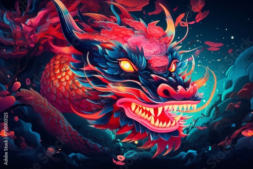 a colorful close-up macro drawing illustration of an angry magenta monster dragon with sharp teeth and scary eye representing the chinese lunar new year