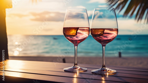 Cocktail wine glasses in luxury resort with beautiful seascape on beach. Summer tropical vacation concept 