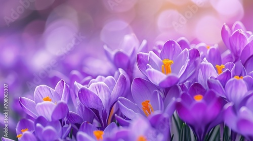 Spring background with Flowering violet Crocuses flowers in Early Spring. Crocus blossom , banner photo