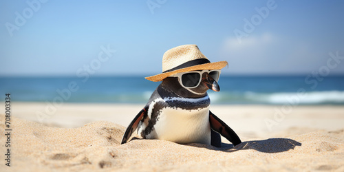 Funny Penguin In Retro Hat And Sunglasses Lying On A Sandy Beach