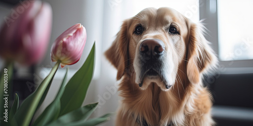 Portraiat Of Adorable Golden Retriever Dog With Tulips