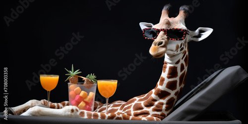 Illustration Of Giraffe In Sunglasses With Juicy Cocktails Lying On A Desk Chair