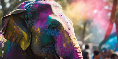 Elephant In Colorful Powder Paint On A Holi Holday