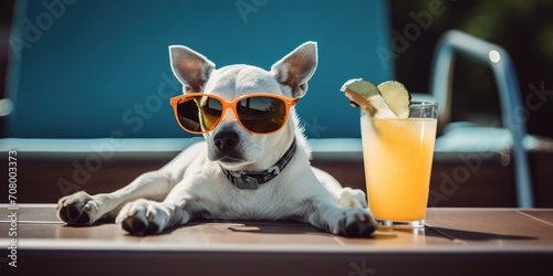 Funny Dog In Sunglasses With An Alcoholic Cocktails Relaxing By Pool © Alla