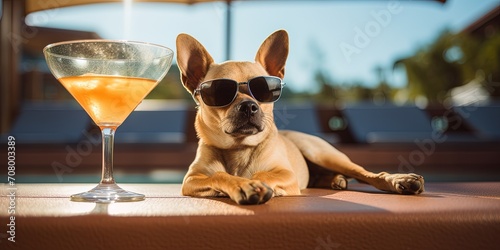 Funny Dog In Sunglasses With An Alcoholic Cocktails Relaxing By Pool