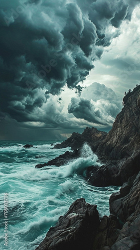 A dramatic view of storm clouds gathering over a rugged coastline