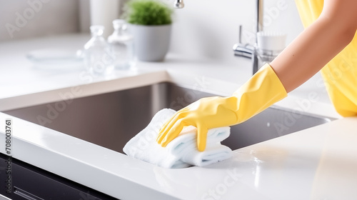 A woman in yellow rubber gloves cleans the sink, kitchen surface, with detergent. Cleanliness and order in the house