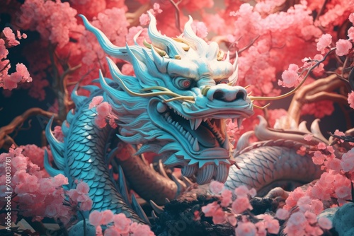 a colorful close-up macro drawing illustration of an angry cyan monster dragon with sharp teeth and scary eye representing the chinese lunar new year