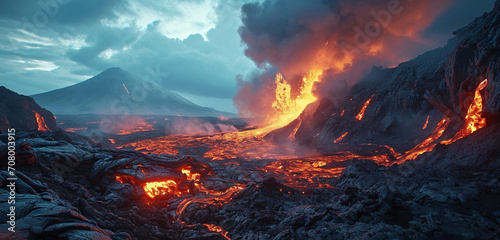 A dramatic volcanic landscape with lava flows and plumes of smoke