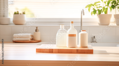 Various cleaning products on a wooden tabletop near a window in a bright home interior, bathroom or kitchen