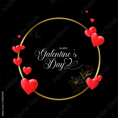Galentine's Day Greeting Card Boasting a Glamorous Gold Foil Circle, Brushstroke Textures, and a Radiant Array of Four Red Hearts Encircling a Central Gold Heart - A Perfect Emblem of Love and Friends