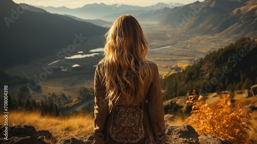 Blonde woman standing on a mountaintop overlooking a valley © duyina1990