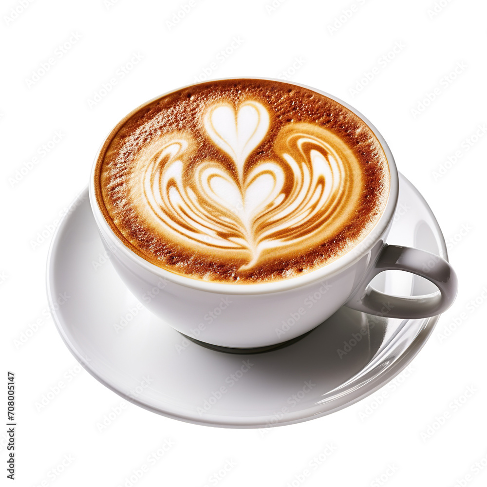 Hot coffee latte with heart shaped latte art milk foam isolated on transparent or white background, side view Hot coffee latte with heart shaped latte art milk foam isolated on transparent or white background, side view