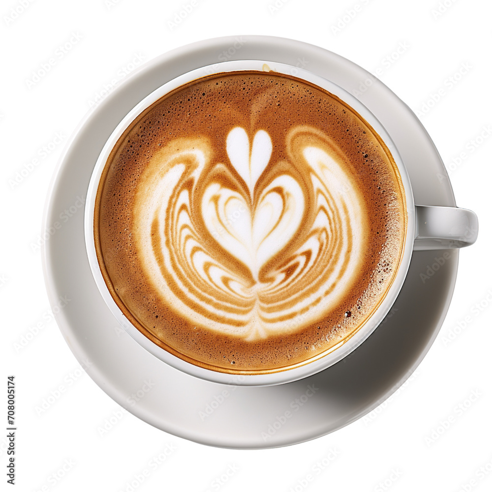 Hot coffee latte with heart shaped latte art milk foam isolated on transparent or white background, top view Hot coffee latte with heart shaped latte art milk foam isolated on transparent or white background, top view