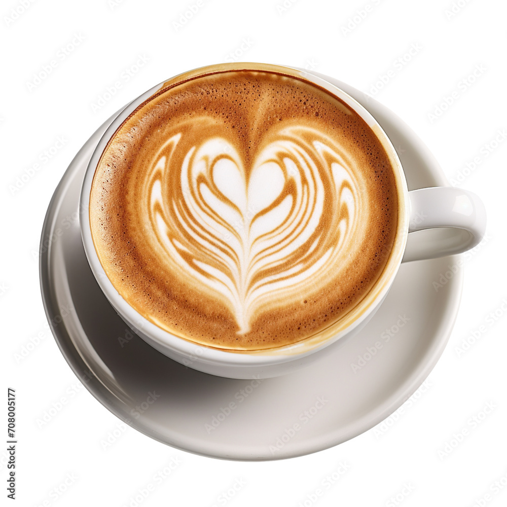 Hot coffee latte with heart shaped latte art milk foam isolated on transparent or white background, top view Hot coffee latte with heart shaped latte art milk foam isolated on transparent or white background, top view