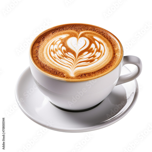 Hot coffee latte with heart shaped latte art milk foam isolated on transparent or white background, side view