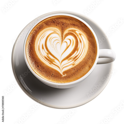 Hot coffee latte with heart shaped latte art milk foam isolated on transparent or white background, top view