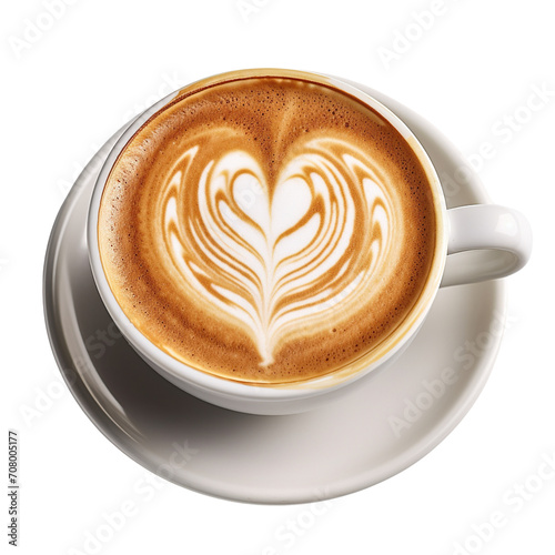 Hot coffee latte with heart shaped latte art milk foam isolated on transparent or white background, top view