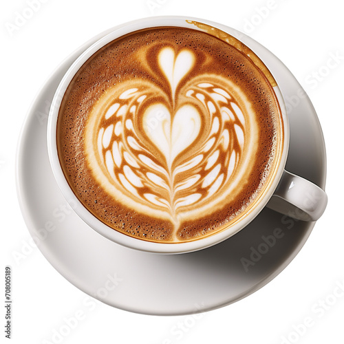 Hot coffee latte with heart shaped latte art milk foam isolated on transparent or white background  top view