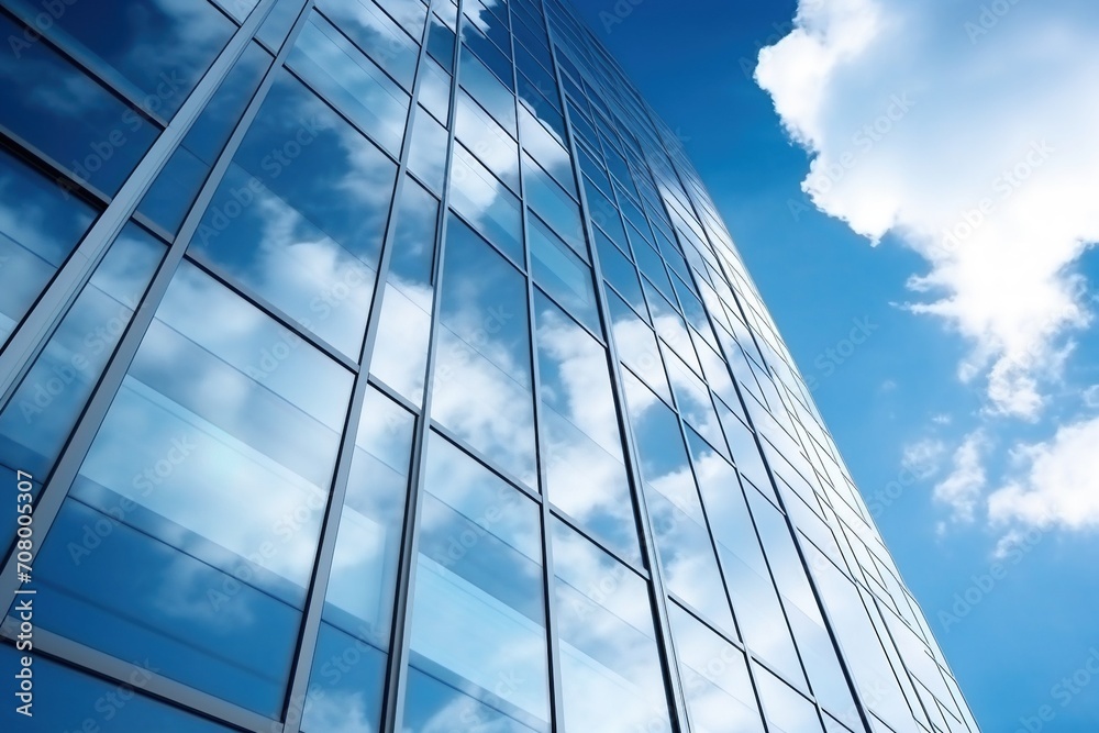 Blue glass skyscraper reflecting the sky