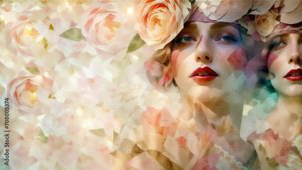 a woman's profile overlapping with spring flowers exudes warmth and a poetic atmosphere