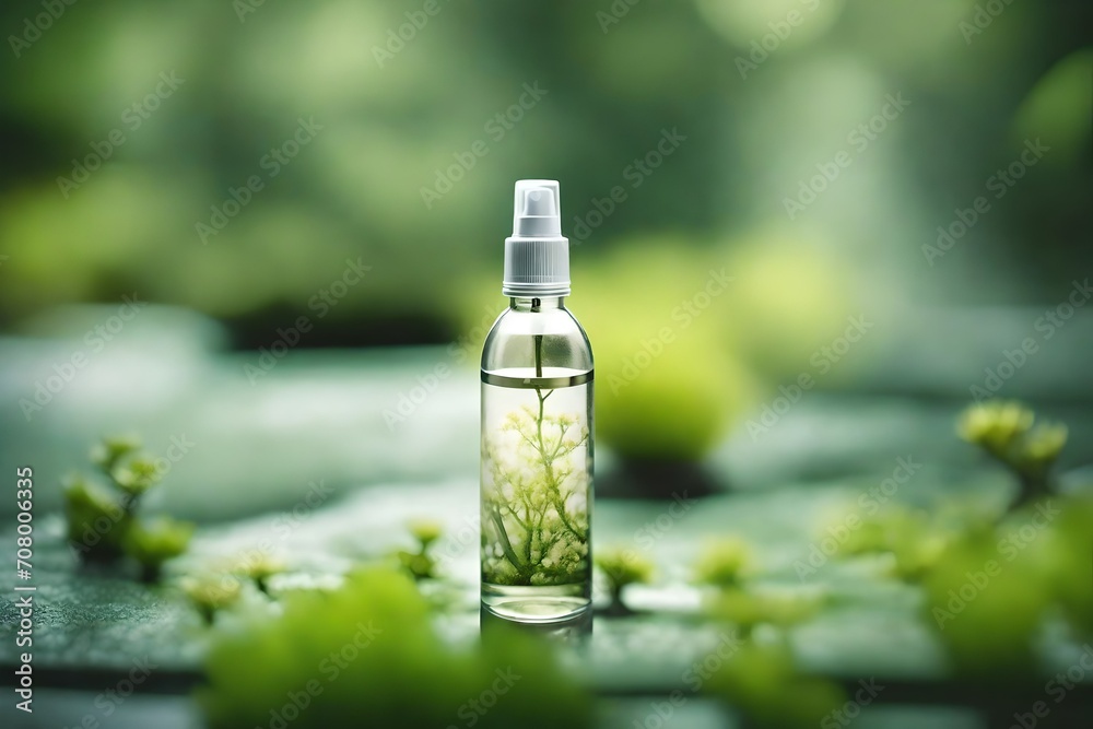 cosmetics product spray flacon packaging template , zen japanese garden background , green tones