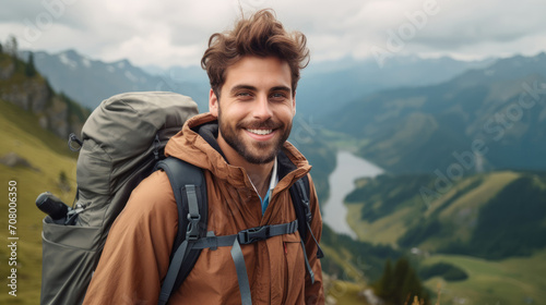 Young male tourist with a backpack in the mountains