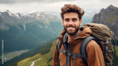 Young male tourist with a backpack in the mountains