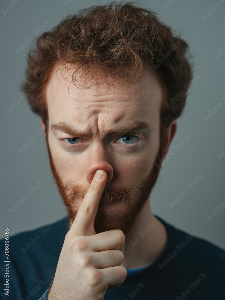 Portrait of a man on a uniform background. Very expressive. Finger. 