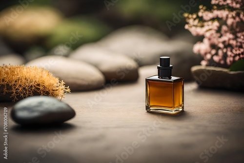 small perfume spray flacon in zen japanese garden background, relaxing and elegant
